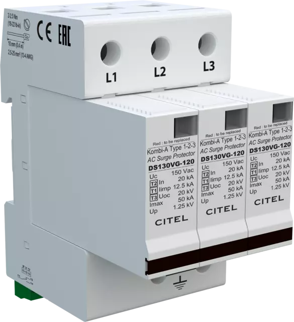 DPS trifásico 120/208V, Tipo 1, Iimp 12,5kA, módulo enchufable, señalización remota, protección MC, configuración 3+0, tecnología VG