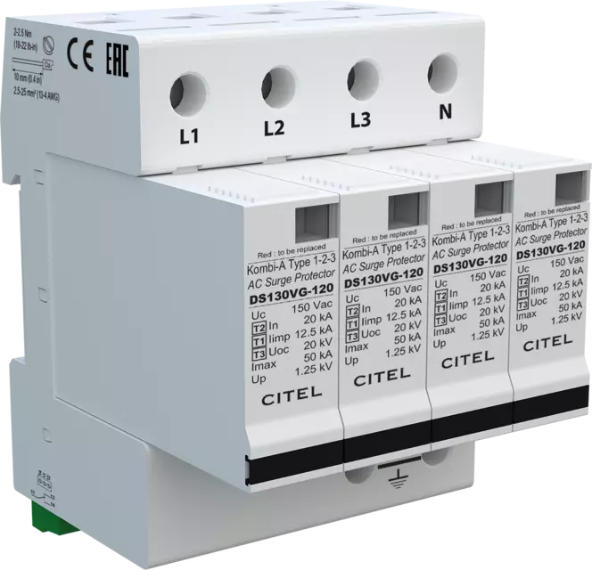 DPS trifásico+neutro 120/208V, Tipo 1, Iimp 12,5kA, módulo enchufable, señalización remota, protección MC, configuración 4+0, tecnología VG