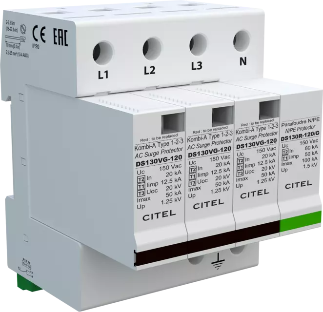 DPS trifásico+neutro 120/208V, Tipo 1, Iimp 12,5kA, módulo enchufable, señalización remota, protección MC/MD, configuración 3+1, tecnología VG
