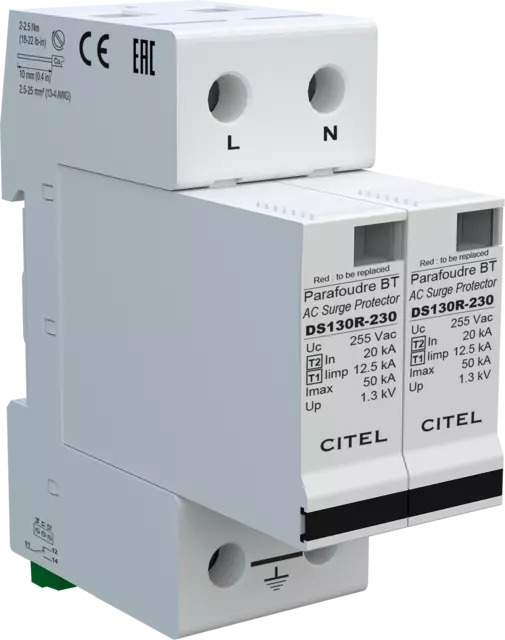 DPS monofásico 230/400V, Tipo 1, Iimp 12,5kA, módulo enchufable, señalización remota, protección MC, configuración 2+0 DS132RS-280