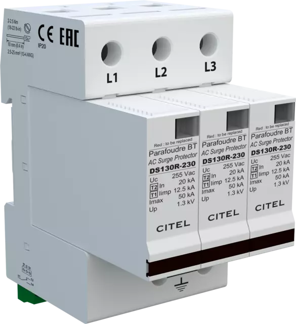 DPS trifásico 120/208V, Tipo 1, Iimp 12,5kA, módulo enchufable, señalización remota, protección MC, configuración 3+0