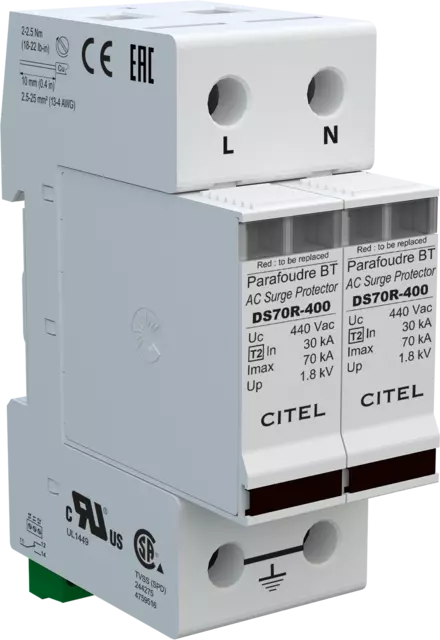 DPS monofásico, Tipo 2, Imax 70kA, módulo enchufable, señalización remota, protección MC, configuración 2+0 DS72RS-400