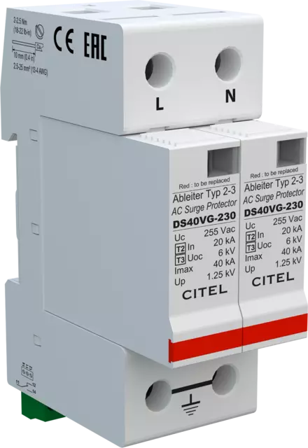 DPS monofásico, Tipo 2, Imax 40kA, módulo enchufable, señalización remota, protección MC, configuración 2+0, tecnología VG DS42VGS-120
