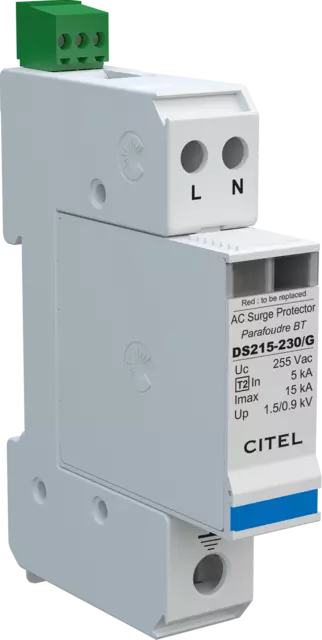 DPS monofásico compacto, Tipo 2, Imax 15kA, módulo enchufable, señalización remota, protección MC/MD, configuración 1+1 DS215S-120/G