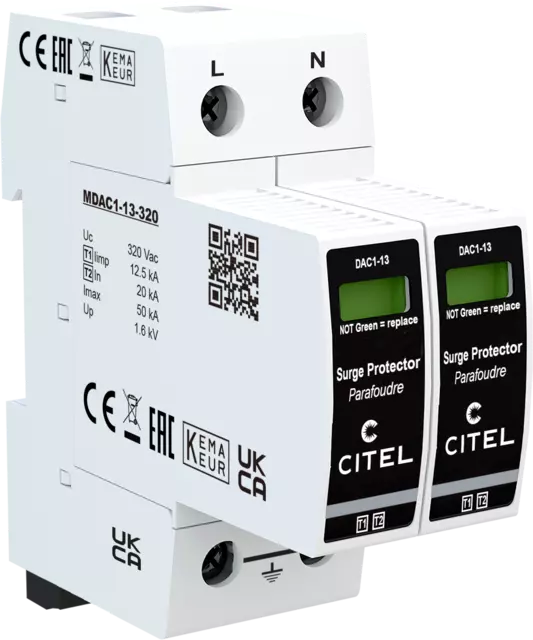 DPS monofásico Tipo 1 configuración 2+0 Iimp 12,5kA, Uc 320Vac, señalización remota