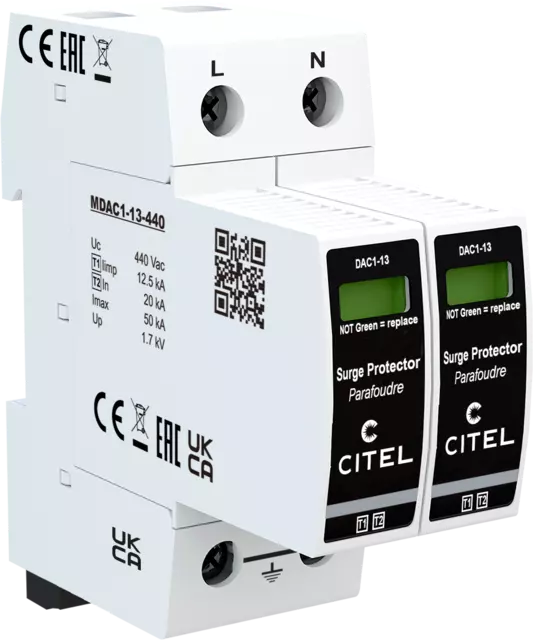 DPS monofásico Tipo 1 configuración 2+0 Iimp 12,5kA, Uc 440Vac, señalización remota