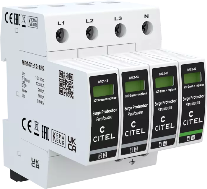 DPS trifásico+neutro Tipo 1 configuración 3+1 Iimp 12,5kA, Uc 150Vac, señal remota