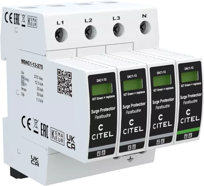 DPS trifásico+neutro Tipo 1 configuración 3+1 Iimp 12,5kA, Uc 275Vac, señal remota