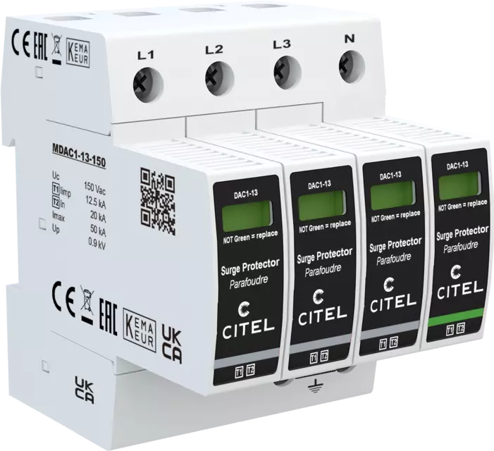 DPS trifásico+neutro Tipo 1 configuración 3+1 Iimp 12,5kA, Uc 150Vac