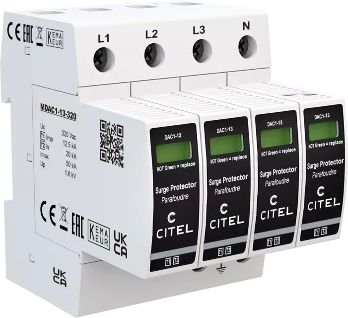 DPS trifásico+neutro Tipo 1 configuración 4+0 Iimp 12,5kA, Uc 320Vac