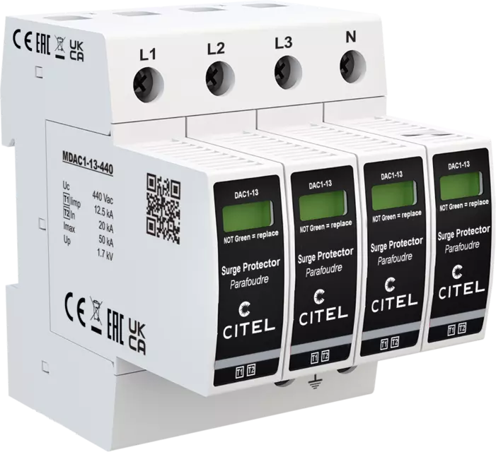 DPS trifásico+neutro Tipo 1 configuración 4+0 Iimp 12,5kA, Uc 440Vac