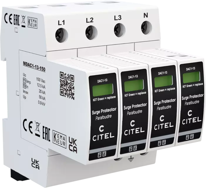 DPS trifásico+neutro Tipo 1 configuración 4+0 Iimp 12,5kA, Uc 150Vac, señal remota
