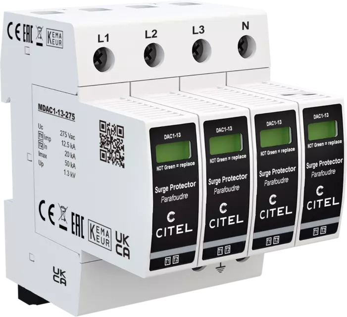 DPS trifásico+neutro Tipo 1 configuración 4+0 Iimp 12,5kA, Uc 275Vac, señal remota