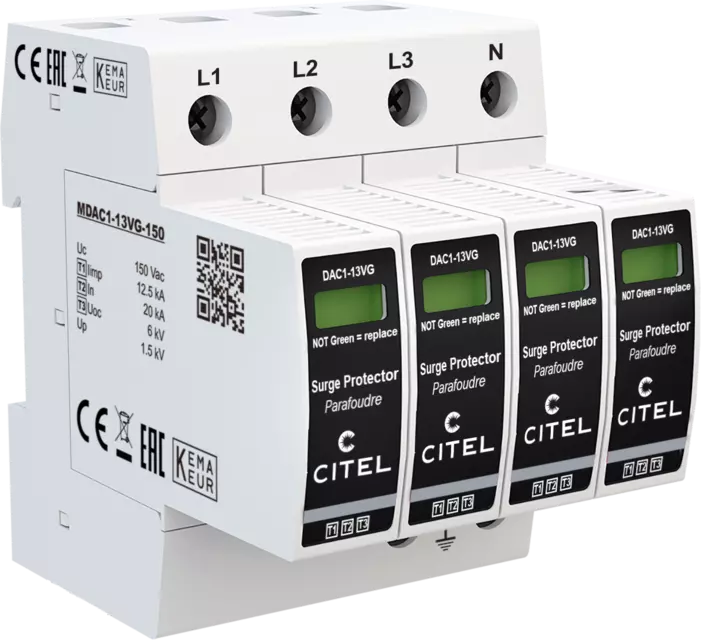 DPS trifásico+neutro Tipo 1 configuración 4+0 Iimp 12,5kA, Uc 150Vac, tecnología VG