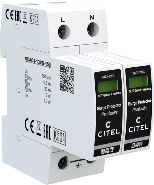 DPS monofásico Tipo 1 configuración 2+0 Iimp 12,5kA, Uc 150Vac, tecnología VG