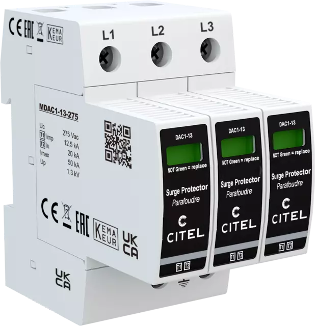 DPS trifásico Tipo 1 configuración 3+0 Iimp 12,5kA, Uc 275Vac