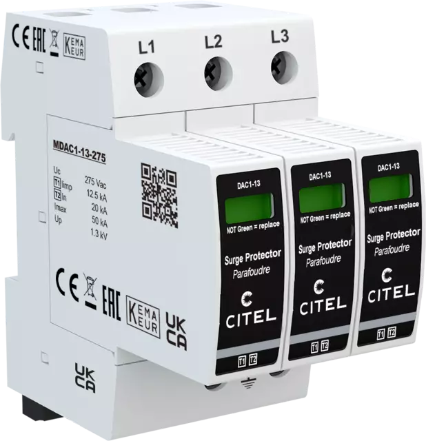 DPS trifásico Tipo 1 configuración 3+0 Iimp 12,5kA, Uc 275Vac, señal remota