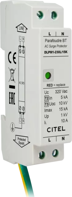 Protección monofásica compacta perfil bajo para riel DIN, red 230Vac, desconexión mecánica en serie, configuración 1+1 DLPM1-230L/15K