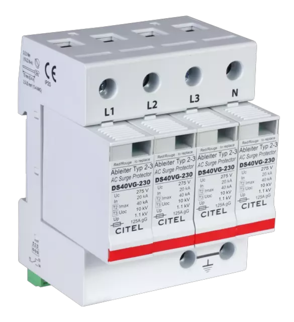 DPS trifásico+neutro, Tipo 2, Imax 40kA, módulo enchufable, señalización remota, protección MC, configuración 4+0, tecnología VG DS44VGS-120