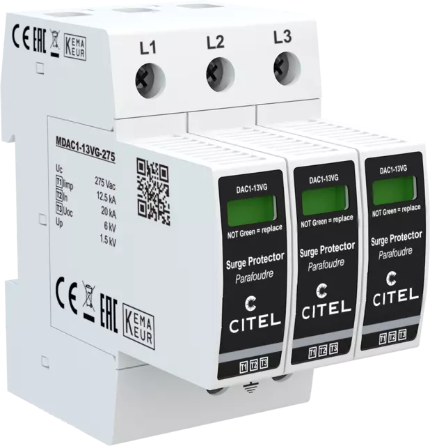 DPS trifásico Tipo 1 configuración 3+0 Iimp 12,5kA, Uc 150Vac, tecnología VG