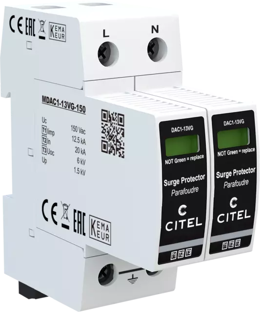 DPS monofásico Tipo 1 configuración 2+0 Iimp 12,5kA, Uc 150Vac, tecnología VG, señal remota