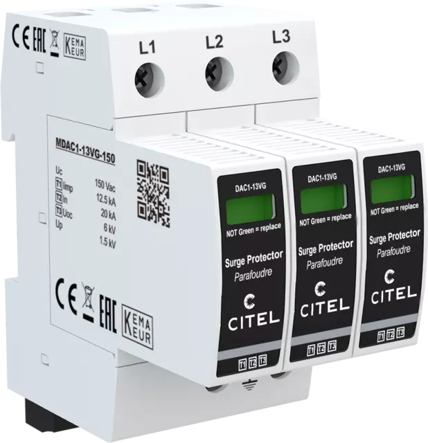 DPS trifásico Tipo 1 configuración 3+0 Iimp 12,5kA, Uc 150Vac, señalización remota, tecnología VG