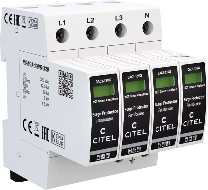 DPS trifásico+neutro Tipo 1 configuración 4+0 Iimp 12,5kA, Uc 320Vac, tecnología VG, señal remota
