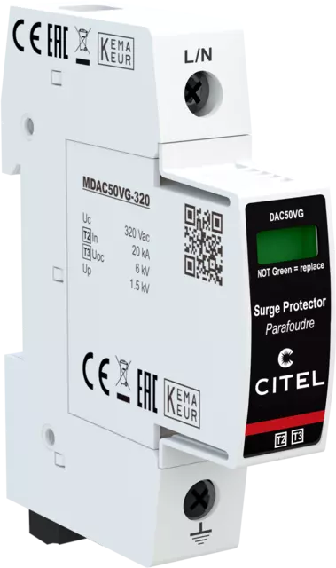 DPS unipolar Tipo 2 Imax 50kA, Uc 320Vac, tecnología VG, señal remota