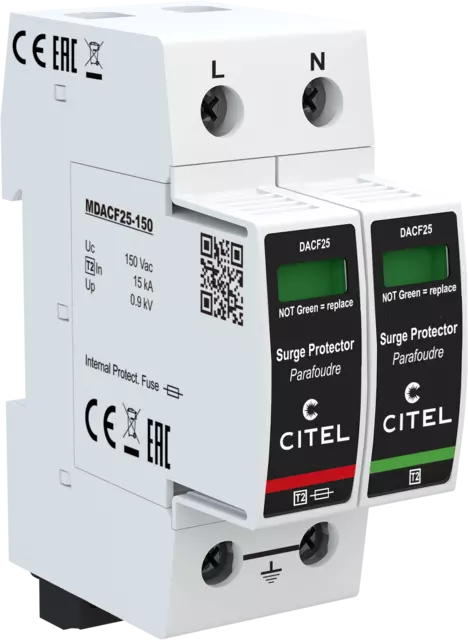 DPS monofásico configuración 1+1 Tipo 2 Uc 150Vac, fusible integrado, señal remota