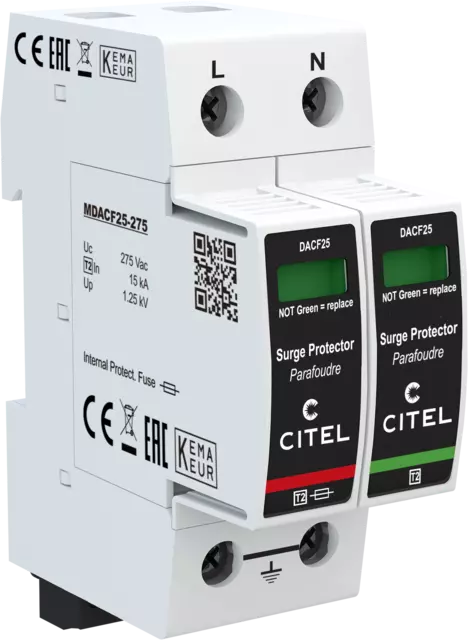 DPS monofásico configuración 1+1 Tipo 2 Uc 275Vac, fusible integrado, señal remota