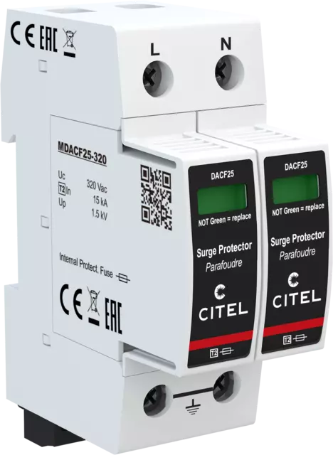 DPS monofásico configuración 2+0 Tipo 2 Uc 320Vac, fusible integrado, señal remota