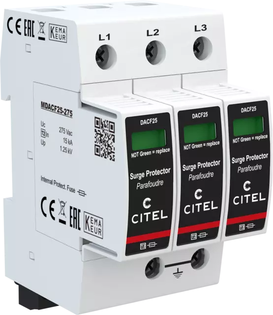 DPS trifásico configuración 3+0 Tipo 2 Uc 275Vac, fusible integrado, señal remota