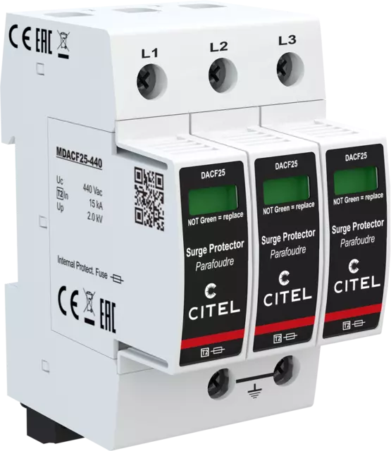 DPS trifásico configuración 3+0 Tipo 2 Uc 440Vac, fusible integrado, señal remota