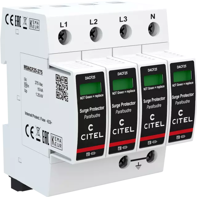 DPS trifásico+neutro configuración 4+0 Tipo 2 Uc 275Vac, fusible integrado, señal remota