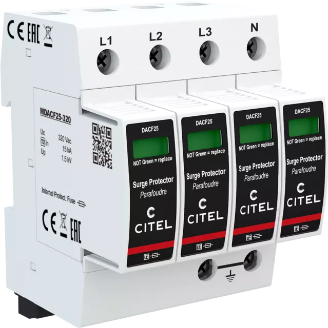 DPS trifásico+neutro configuración 4+0 Tipo 2 Uc 320Vac, fusible integrado, señal remota