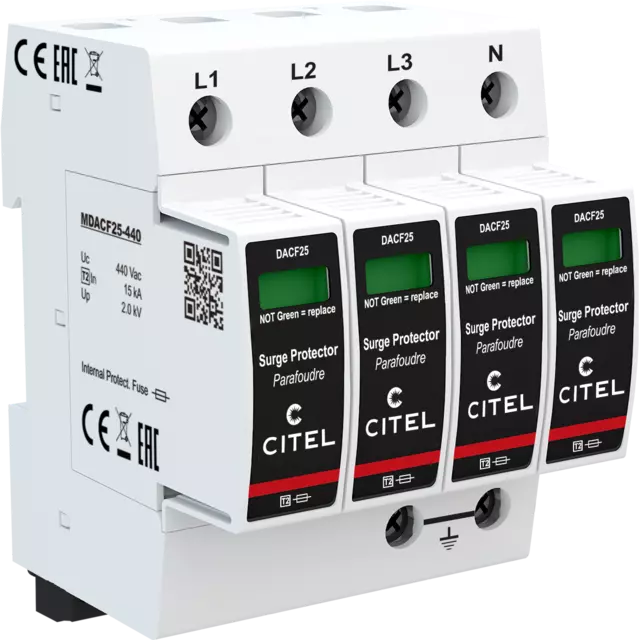 DPS trifásico+neutro configuración 4+0 Tipo 2 Uc 440Vac, fusible integrado, señal remota