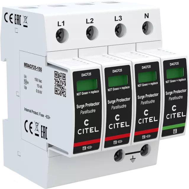 DPS trifásico+neutro configuración 3+1 Tipo 2 Uc 150Vac, fusible integrado