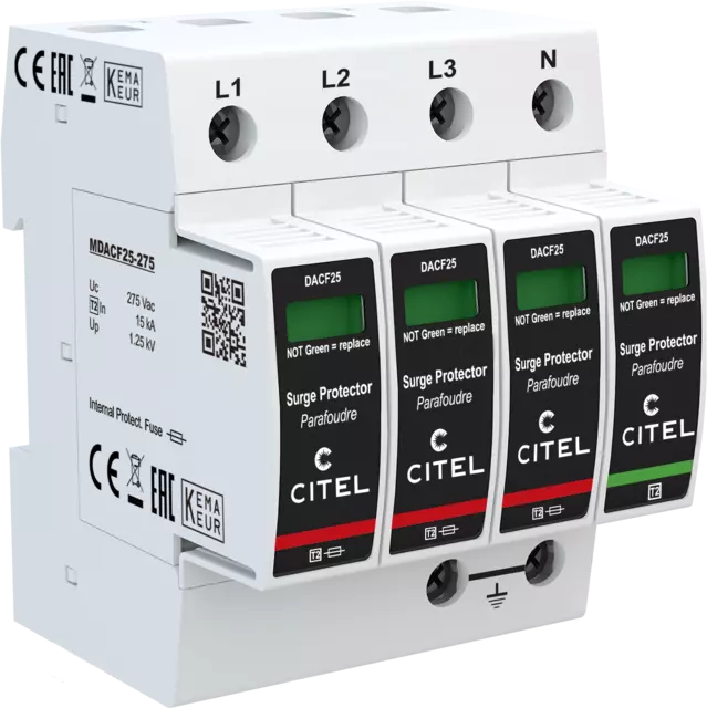 DPS trifásico+neutro configuración 3+1 Tipo 2 Uc 275Vac, fusible integrado