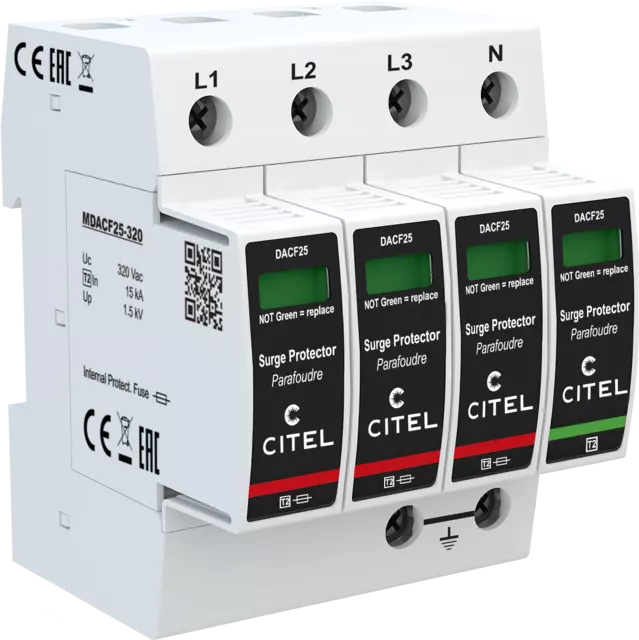 DPS trifásico+neutro configuración 3+1 Tipo 2 Uc 320Vac, fusible integrado