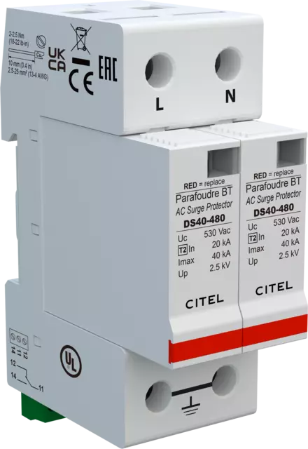 DPS monofásico, Tipo 2, Imax 40kA, protección MC, señalización remota, configuración 2+0, Uc 660Vac