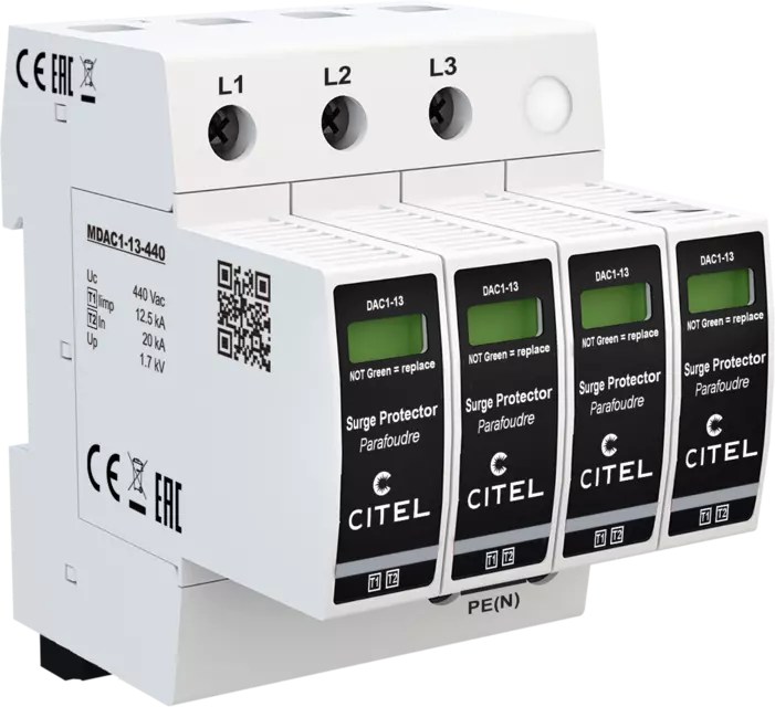 DPS trifásico+neutro Tipo 1 configuración 3P Iimp 12,5kA, Uc 8800Vac, señal remota