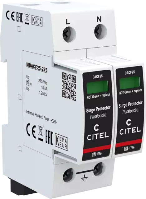 DPS monofásico configuración 2+0 Tipo 2 Uc 275Vac, fusible integrado, señal remota