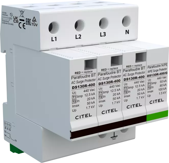 DPS trifásico+neutro 230/400V, Tipo 1, Iimp 12,5kA, módulo enchufable, señalización remota, protección MC/MD, configuración 3+1 DS134RS-320/G
