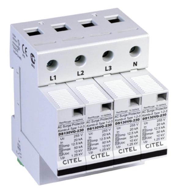 DPS trifásico+neutro 120/208V, Tipo 1, Iimp 12,5kA, módulo enchufable, señalización remota, protección MC, configuración 4+0