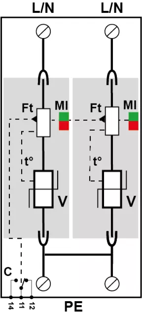 DPS monofásico 230/400V, Tipo 1, Iimp 12,5kA, módulo enchufable, señalización remota, Uc 440V, protección MC, configuración 2+0