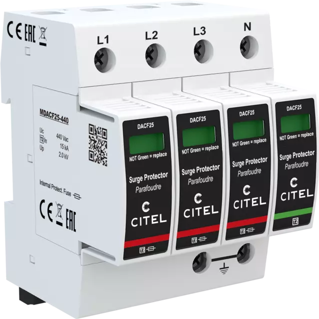 DPS trifásico+neutro configuración 3+1 Tipo 2 Uc 440Vac, fusible integrado, señal remota