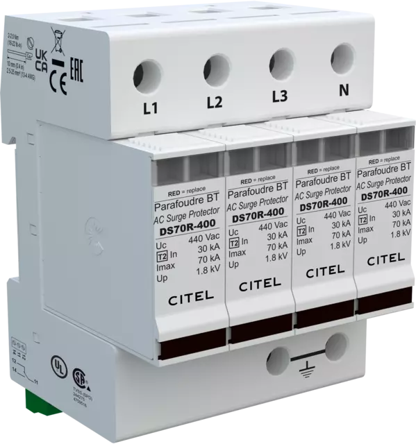 DPS trifásico+neutro, Tipo 2, Imax 70kA, módulo enchufable, señalización remota, protección MC, configuración 4+0 DS74RS-230