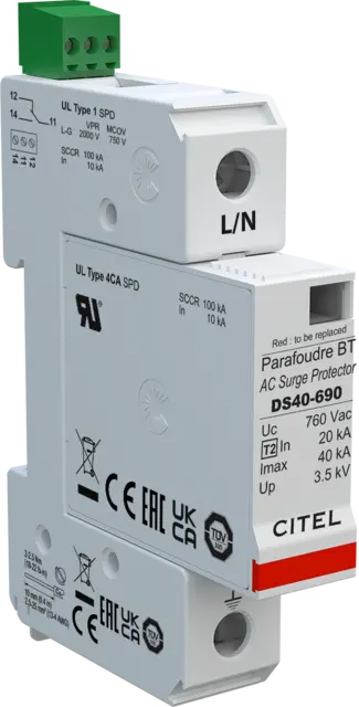 DPS unipolar, Tipo 2, Imax 40kA, señalización remota, Uc 760Vac