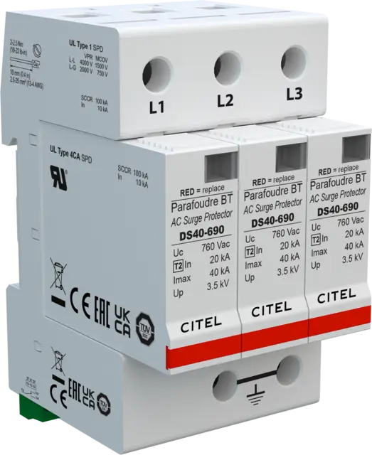 DPS trifásico, Tipo 2, Imax 40kA, protección MC, señalización remota, configuración 3+0, Uc 760Vac