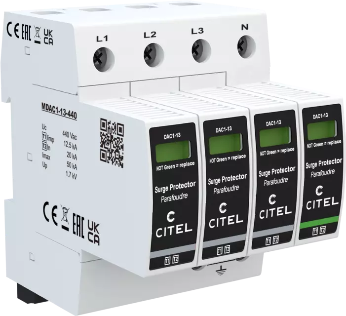DPS trifásico+neutro Tipo 1 configuración 3+1 Iimp 12,5kA, Uc 440Vac, señal remota